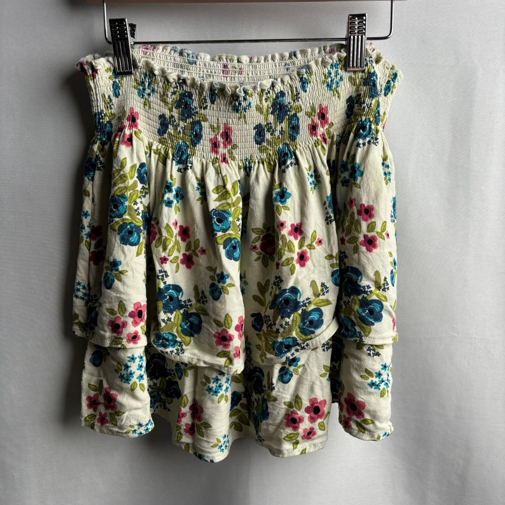 Natural Life Floral Smocked Waist Tiered Ruffle Mini Skirt Cream Blue Pink